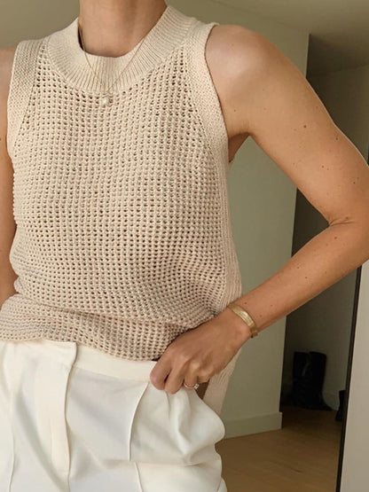 Gebreide Hollow Solid Tanktop Voor Modebewuste Vrouwen – Luxe Zachte Stof, Tijdloos Ontwerp & Ideaal Voor Zomerse Avonden Of Casual Uitjes.