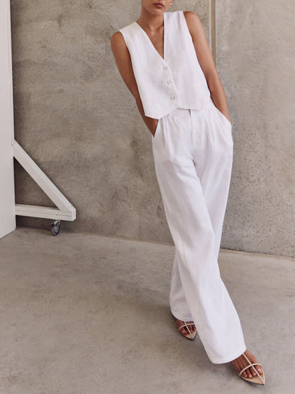 Linnenlook Set Voor Dames – Mouwloos Gilet, Wijde Broek & Zomerse Pasvorm