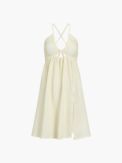 Elegante Criss Cross Split Midi Jurk Voor Modebewuste Vrouwen – Luxe Stof, Tijdloze Kleur & Perfect Voor Feestelijke Gelegenheden.