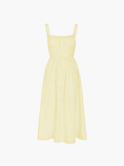 Dames Midi Jurk Met Brede Bandjes – Gesmokte Top, Tailleaccent & Luchtige Zomerpasvorm