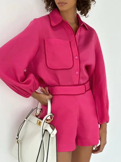 Katoenen En Linnen Dames Set Met Lange Blouse En Korte Broek – Zomer, Contrast Afwerking & Luchtig Comfort