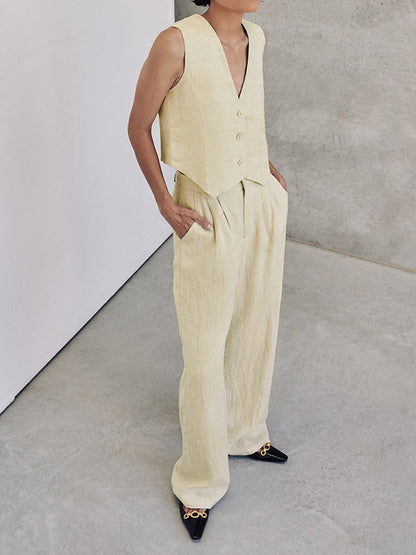 Linnenlook Set Voor Dames – Mouwloos Gilet, Wijde Broek & Zomerse Pasvorm