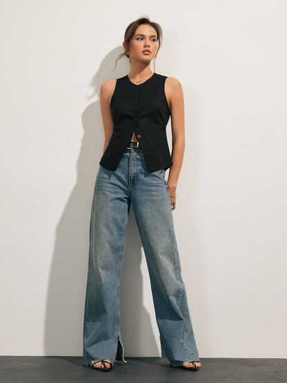 Linnenmix Knopen Top Voor Modebewuste Vrouwen – Luchtige Stoffen, Stijlvolle Accentknopen & Perfect Voor Zomerse Uitjes met Elegante Flair.