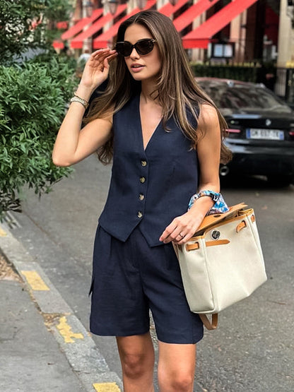Dames Gilet Set Met Korte Broek – Zomer, Linnen Look & Stijlvol Voor Elke Gelegenheid