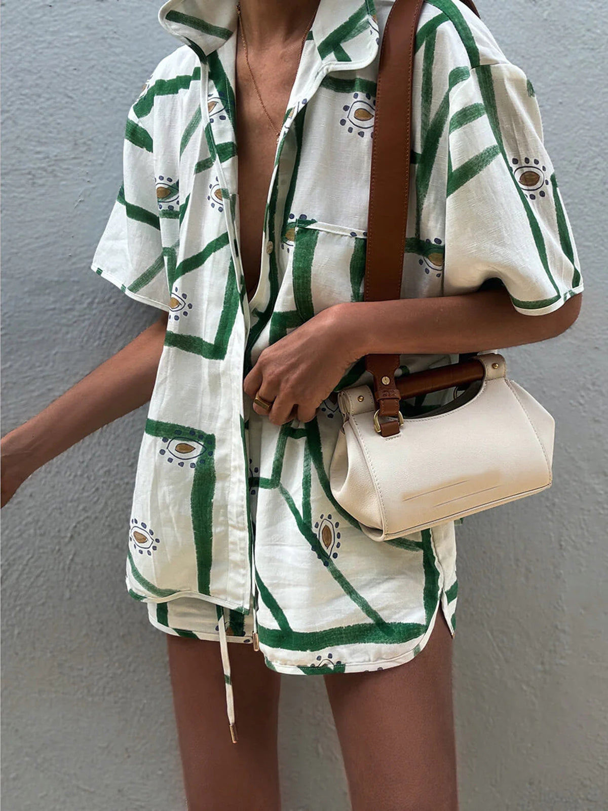 Dames Set Met Print Blouse En Korte Broek – Zomer, Ademend Katoen & Trendy Drawstring Voor Een Nonchalante Look