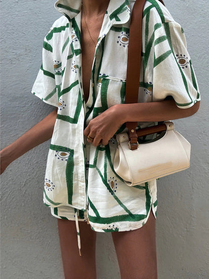 Dames Set Met Print Blouse En Korte Broek – Zomer, Ademend Katoen & Trendy Drawstring Voor Een Nonchalante Look