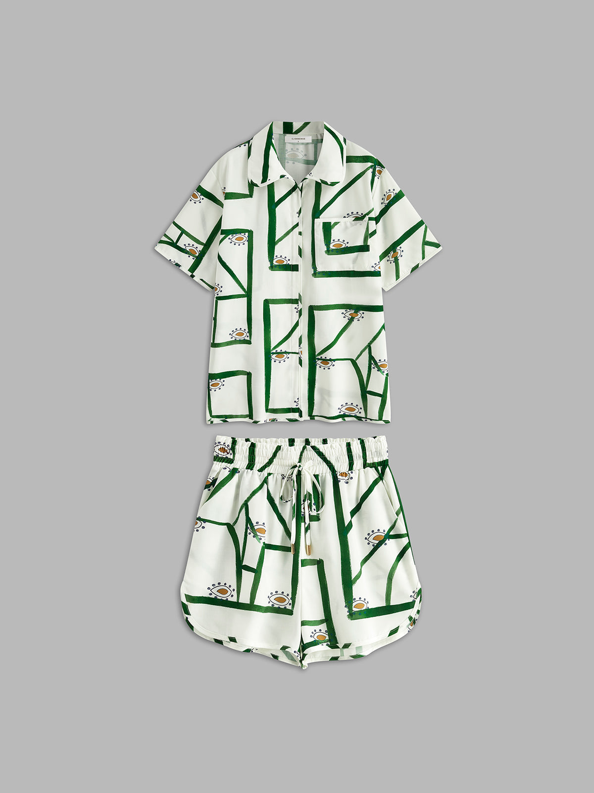 Dames Set Met Print Blouse En Korte Broek – Zomer, Ademend Katoen & Trendy Drawstring Voor Een Nonchalante Look