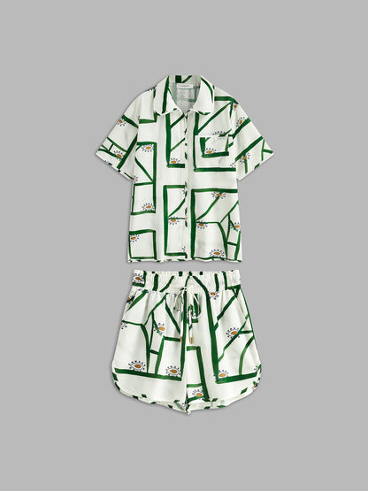 Dames Set Met Print Blouse En Korte Broek – Zomer, Ademend Katoen & Trendy Drawstring Voor Een Nonchalante Look