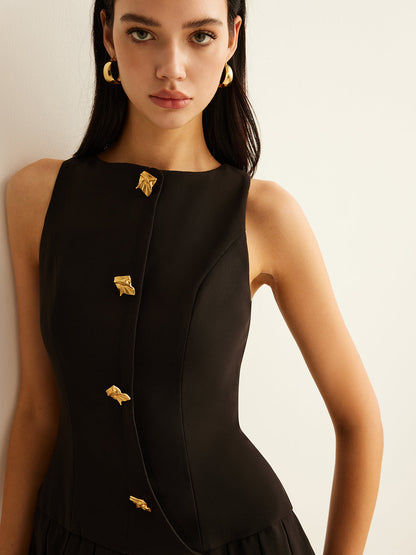 Elegante Metaal-Knoop Plissé Tank Jurk Voor Vrouwen – Luxe Stijl, Zachte Stof & Ideaal Voor Zomerse Avonden.