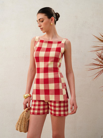 Set Met Ruitpatroon Voor Dames – Mouwloze Top & Elastische Shorts Voor Zomerlooks