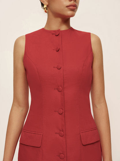 Mouwloze Blazervorm Mini Jurk Voor Dames – Knoopsluiting, Zakdetails & Zomerproof Design