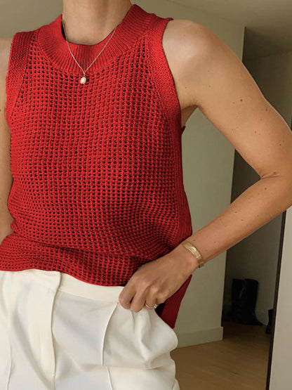 Gebreide Hollow Solid Tanktop Voor Modebewuste Vrouwen – Luxe Zachte Stof, Tijdloos Ontwerp & Ideaal Voor Zomerse Avonden Of Casual Uitjes.