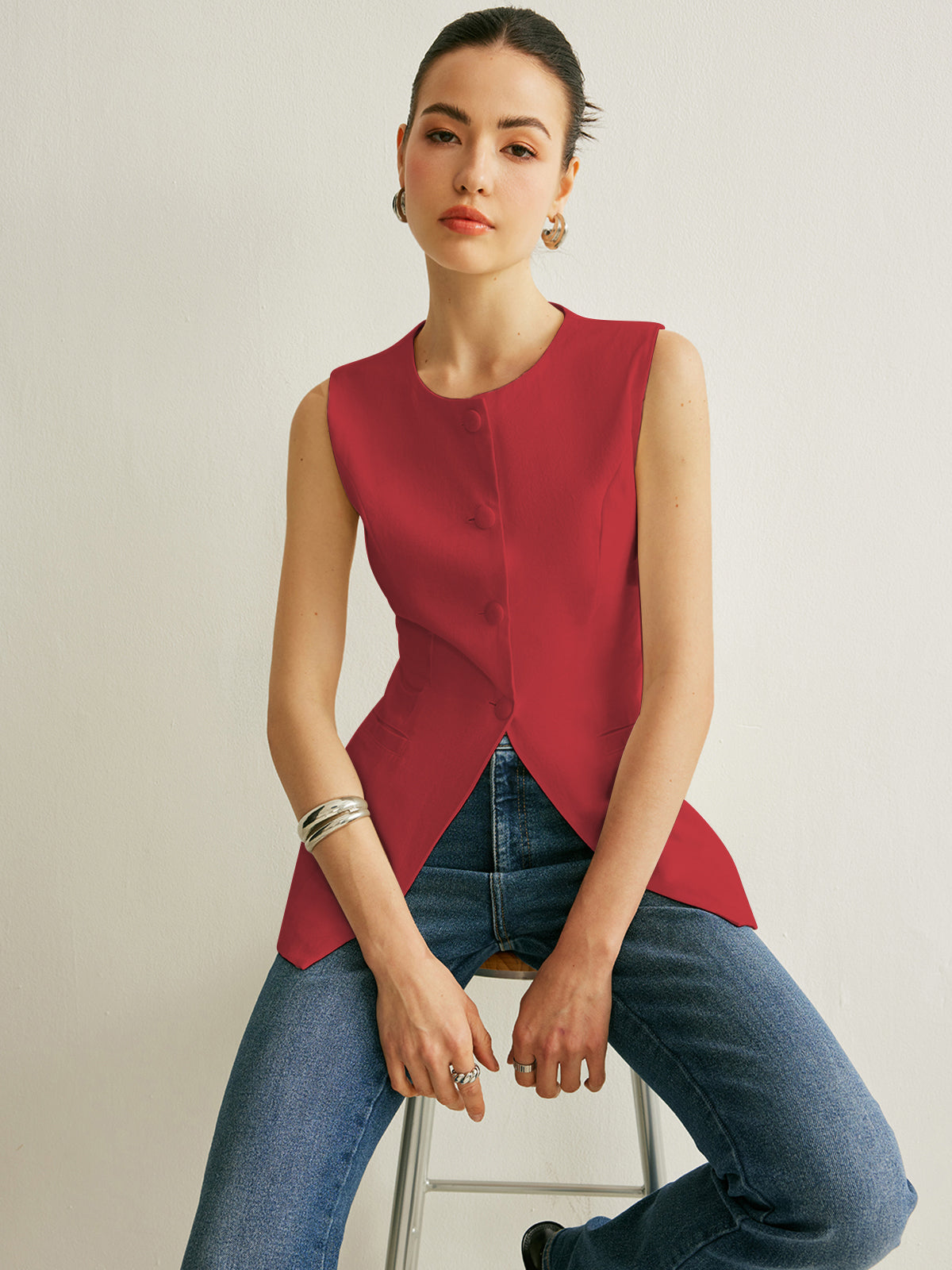 Stijlvol Mouwloos Vest Voor Modebewuste Vrouwen – Elegante Knopdetails, Luxe Textuur & Perfect Voor Zowel Casual Als Formele Gelegenheden.