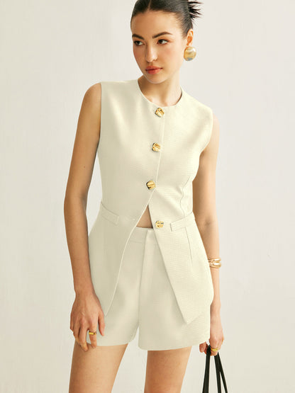 Dames Set Met Getailleerd Mouwloos Vest En Korte Broek – Zomer, Knopen Detail & Perfect Voor Stijlvolle Uitjes