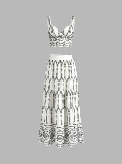 Elegante Geprinte Mouwloze Rokset Voor Modebewuste Dames – Zachte Stof, Speelse Strik & Perfect Voor Zomeruitjes Of Feestelijke Gelegenheden.