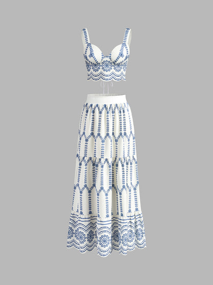 Elegante Geprinte Mouwloze Rokset Voor Modebewuste Dames – Zachte Stof, Speelse Strik & Perfect Voor Zomeruitjes Of Feestelijke Gelegenheden.