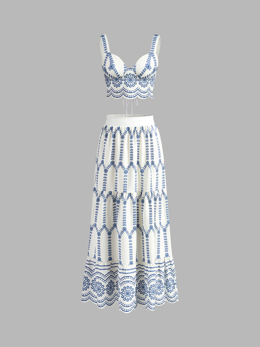 Elegante Geprinte Mouwloze Rokset Voor Modebewuste Dames – Zachte Stof, Speelse Strik & Perfect Voor Zomeruitjes Of Feestelijke Gelegenheden.