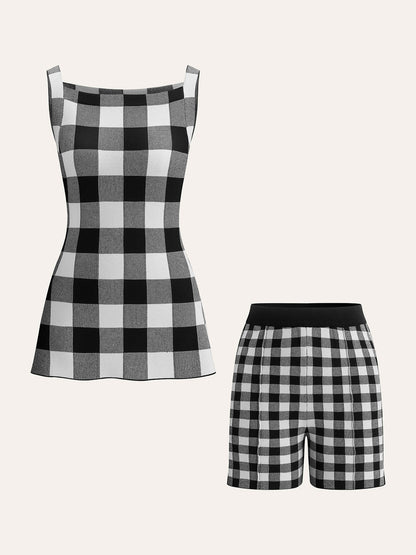 Set Met Ruitpatroon Voor Dames – Mouwloze Top & Elastische Shorts Voor Zomerlooks