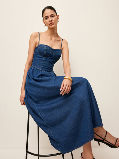 Denim Jurk Met Sweetheart Kraag Voor Vrouwen – Elegante Snit, Tijdloos Blauw & Perfect Voor Casual Uitjes Of Speciale Gelegenheden.