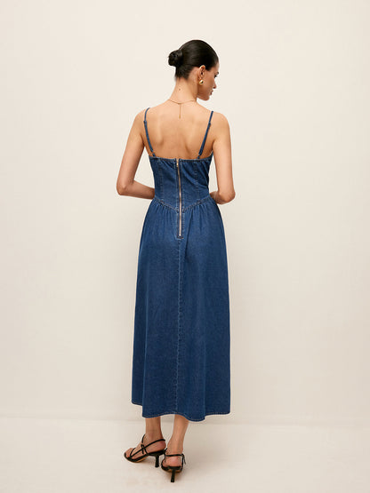 Denim Jurk Met Sweetheart Kraag Voor Vrouwen – Elegante Snit, Tijdloos Blauw & Perfect Voor Casual Uitjes Of Speciale Gelegenheden.