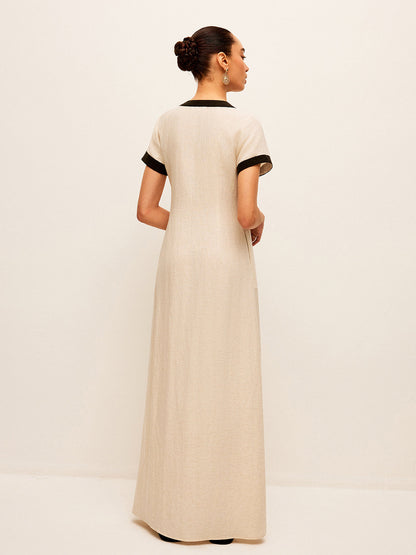 Hoge Splits Jurk Van Katoen En Linnen Voor Modebewuste Vrouwen – Contrast Trim, Elegante Pasvorm & Ideaal Voor Zomerse Avonden.