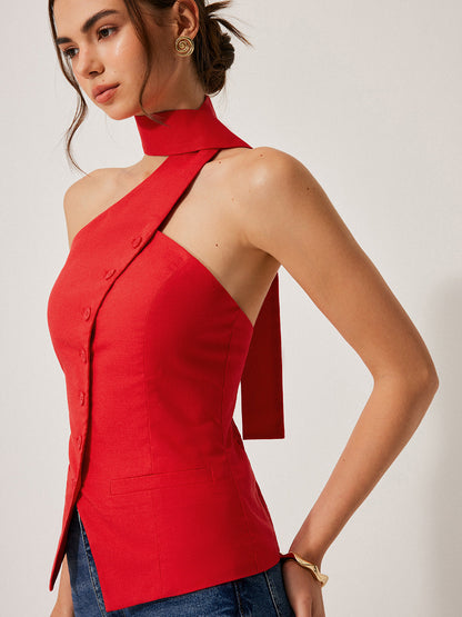 Stijlvolle Haltertop Van Katoen En Linnen Voor Modebewuste Vrouwen – Decoratieve Zakjes, Ademend Materiaal & Comfortabel Voor Zomerse Avonden.