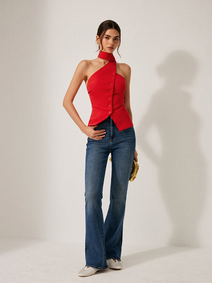 Stijlvolle Haltertop Van Katoen En Linnen Voor Modebewuste Vrouwen – Decoratieve Zakjes, Ademend Materiaal & Comfortabel Voor Zomerse Avonden.