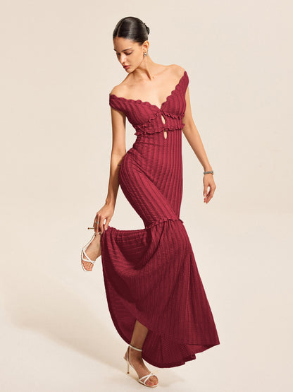 Romantische Off-Shoulder Ruffle Jurk Voor De Hedendaagse Vrouw – Luchtige Stof, Elegant Design & Perfect Voor Zomerbrunches of Avonduitjes.