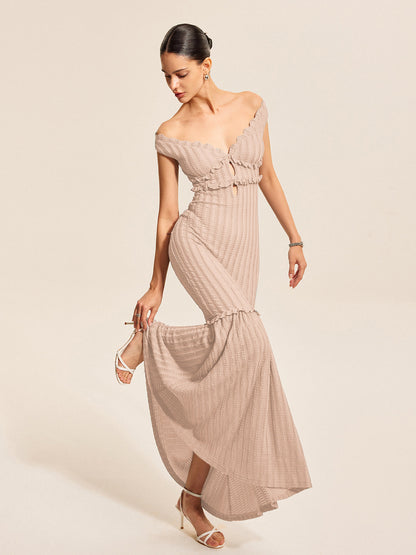 Romantische Off-Shoulder Ruffle Jurk Voor De Hedendaagse Vrouw – Luchtige Stof, Elegant Design & Perfect Voor Zomerbrunches of Avonduitjes.