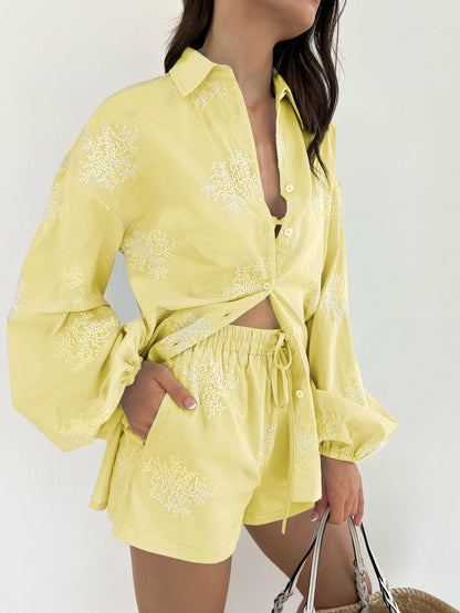 Elegante Dames Set Met Borduurwerk Top En Korte Broek – Zomer, Comfort & Stijlvolle Ontspanning