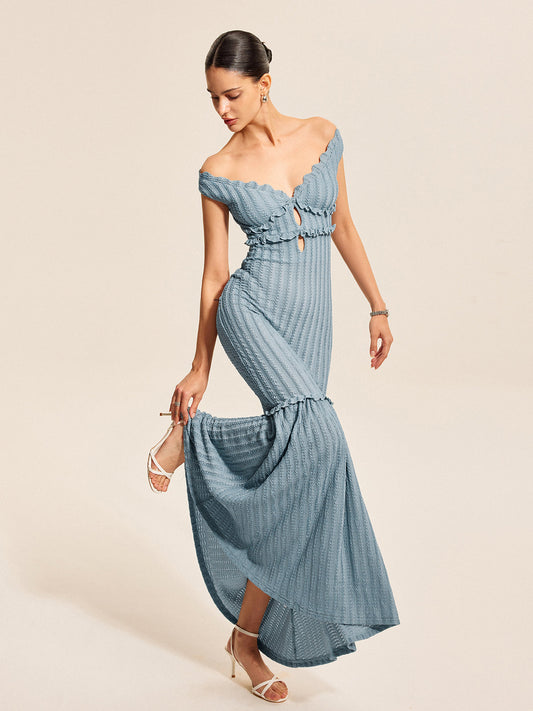 Romantische Off-Shoulder Ruffle Jurk Voor De Hedendaagse Vrouw – Luchtige Stof, Elegant Design & Perfect Voor Zomerbrunches of Avonduitjes.