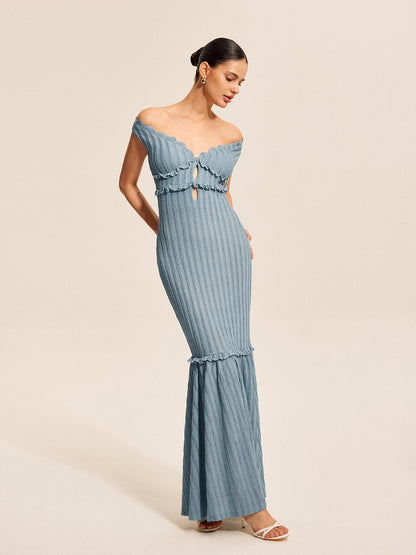 Romantische Off-Shoulder Ruffle Jurk Voor De Hedendaagse Vrouw – Luchtige Stof, Elegant Design & Perfect Voor Zomerbrunches of Avonduitjes.