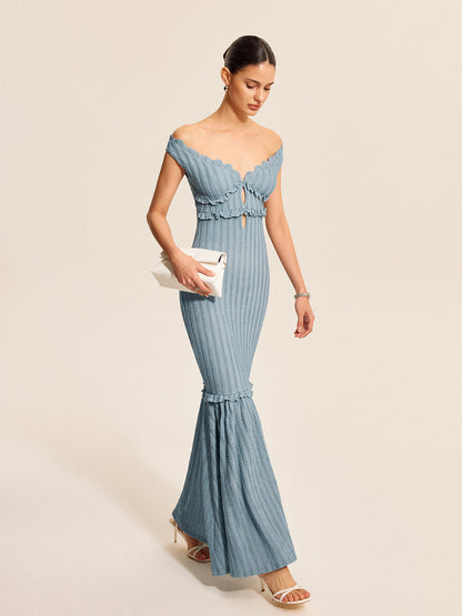 Romantische Off-Shoulder Ruffle Jurk Voor De Hedendaagse Vrouw – Luchtige Stof, Elegant Design & Perfect Voor Zomerbrunches of Avonduitjes.