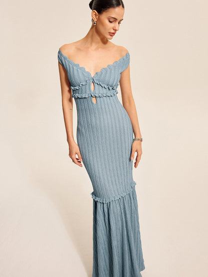 Romantische Off-Shoulder Ruffle Jurk Voor De Hedendaagse Vrouw – Luchtige Stof, Elegant Design & Perfect Voor Zomerbrunches of Avonduitjes.