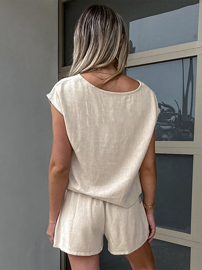 Stijlvolle Korte Broek Set Van Katoen En Linnen Voor Modebewuste Dames – Ademend, Lichtgewicht & Perfect Voor Eenvoudige Elegantie In De Zomer.
