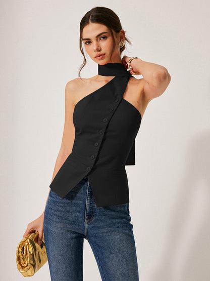 Stijlvolle Haltertop Van Katoen En Linnen Voor Modebewuste Vrouwen – Decoratieve Zakjes, Ademend Materiaal & Comfortabel Voor Zomerse Avonden.