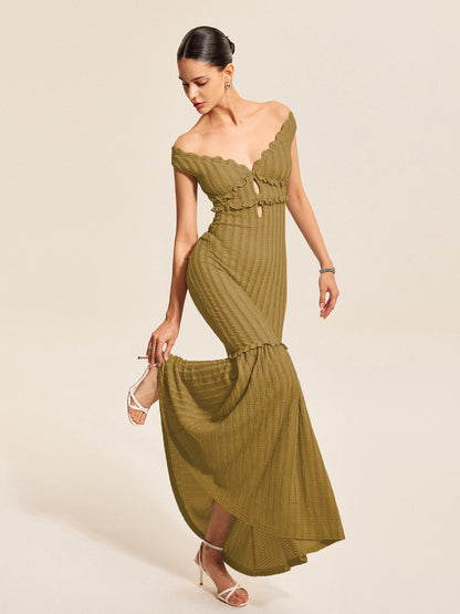 Romantische Off-Shoulder Ruffle Jurk Voor De Hedendaagse Vrouw – Luchtige Stof, Elegant Design & Perfect Voor Zomerbrunches of Avonduitjes.