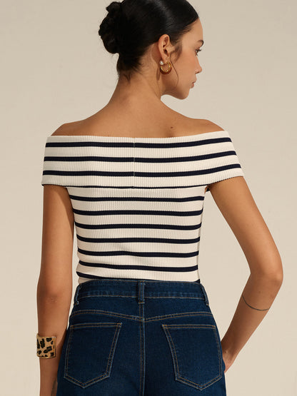 Gestreepte Korte Off-Shoulder Trui Voor Modebewuste Vrouwen – Zachte Katoenmix, Doordacht Ontwerp & Perfect Voor Casual Uitjes Of Avondactiviteiten.