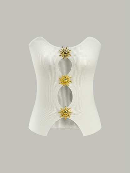 Gebreid Sweater Vest Voor Modebewuste Vrouwen – Elegant Metalen Uitsnijdingen, Verfijnde Textuur & Perfect Voor Lagen Over Stijlvolle Outfits.