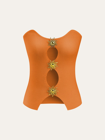 Gebreid Sweater Vest Voor Modebewuste Vrouwen – Elegant Metalen Uitsnijdingen, Verfijnde Textuur & Perfect Voor Lagen Over Stijlvolle Outfits.