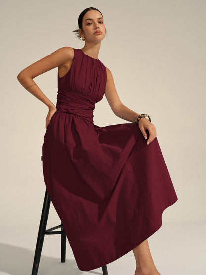 Elegante Gerimpelde Taille Maxi Jurk Voor Modebewuste Vrouwen – Ademend Katoen, Tijdloze Zwart & Perfect Voor Zomerse Feestjes Of Dagelijkse Uitjes.