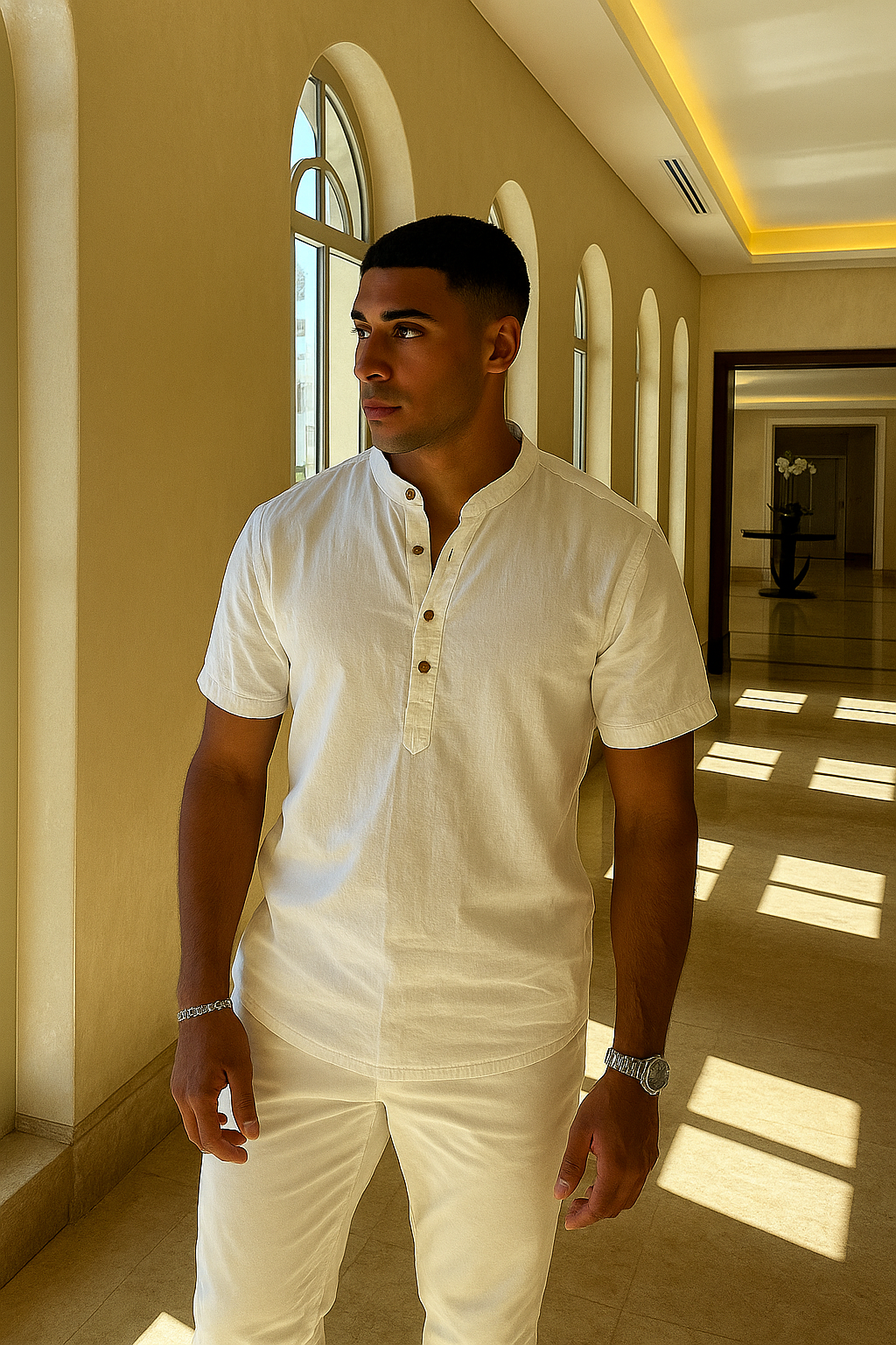 Herenoverhemd Met Opstaande Kraag – Luchtig, Korte Mouwen & Halve Sluiting Voor Voorjaar & Zomer