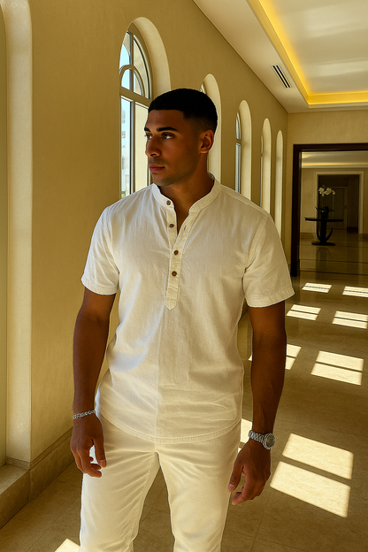 Herenoverhemd Met Opstaande Kraag – Luchtig, Korte Mouwen & Halve Sluiting Voor Voorjaar & Zomer