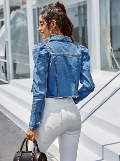 Korte Denimjas Met Pofmouwen – Trendy Dames Spijkerjasje Voor Lente & Zomer