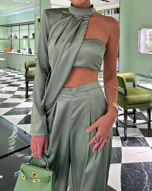 Dames Satijnlook Set Met Asymmetrische Top En Wijde Broek – Lente, Zomer En Events
