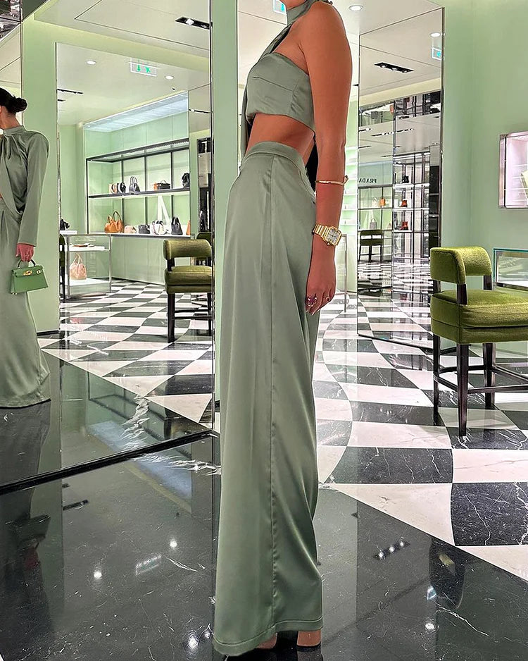 Dames Satijnlook Set Met Asymmetrische Top En Wijde Broek – Lente, Zomer En Events