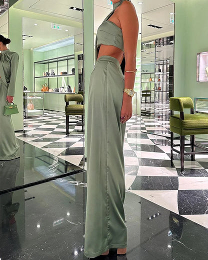 Dames Satijnlook Set Met Asymmetrische Top En Wijde Broek – Lente, Zomer En Events