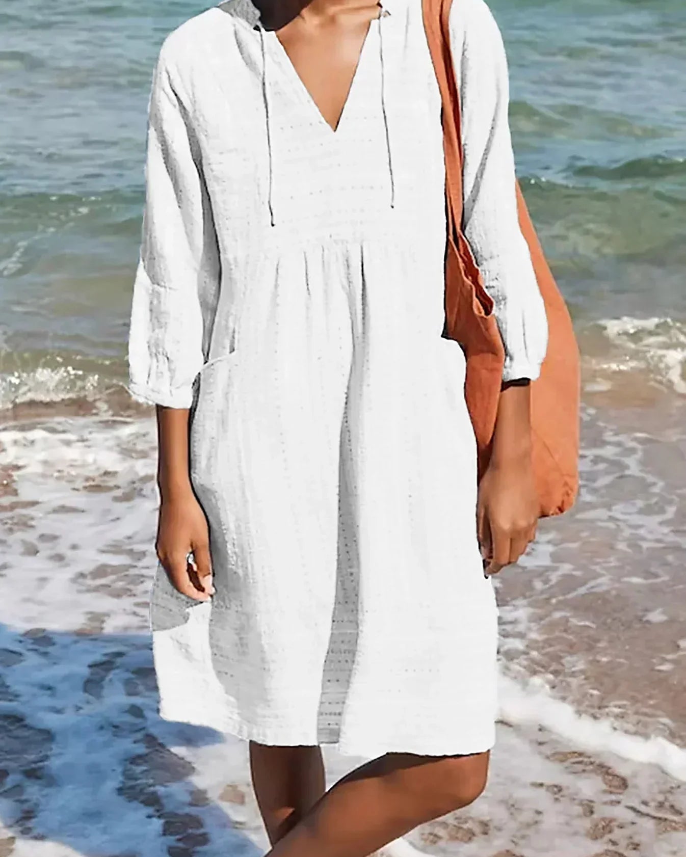 Luchtige Strandjurk Met V-Hals En 3/4 Mouwen – Casual En Comfortabel