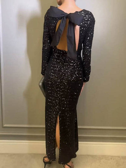 Lange Glitter Avondjurk Met Schouderaccenten En Lange Mouwen – Herfst, Winter En Lente