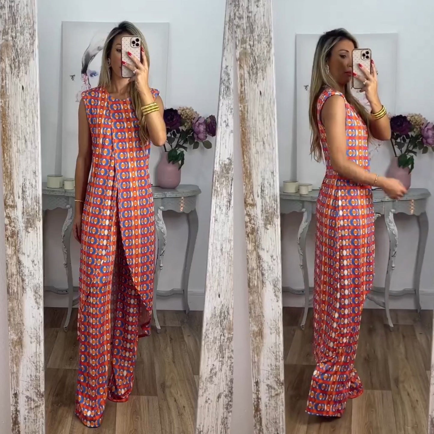 Tweedelige Damesoutfit Met Split Top – Luchtige Zomer Set Met Wijde Broek En Print